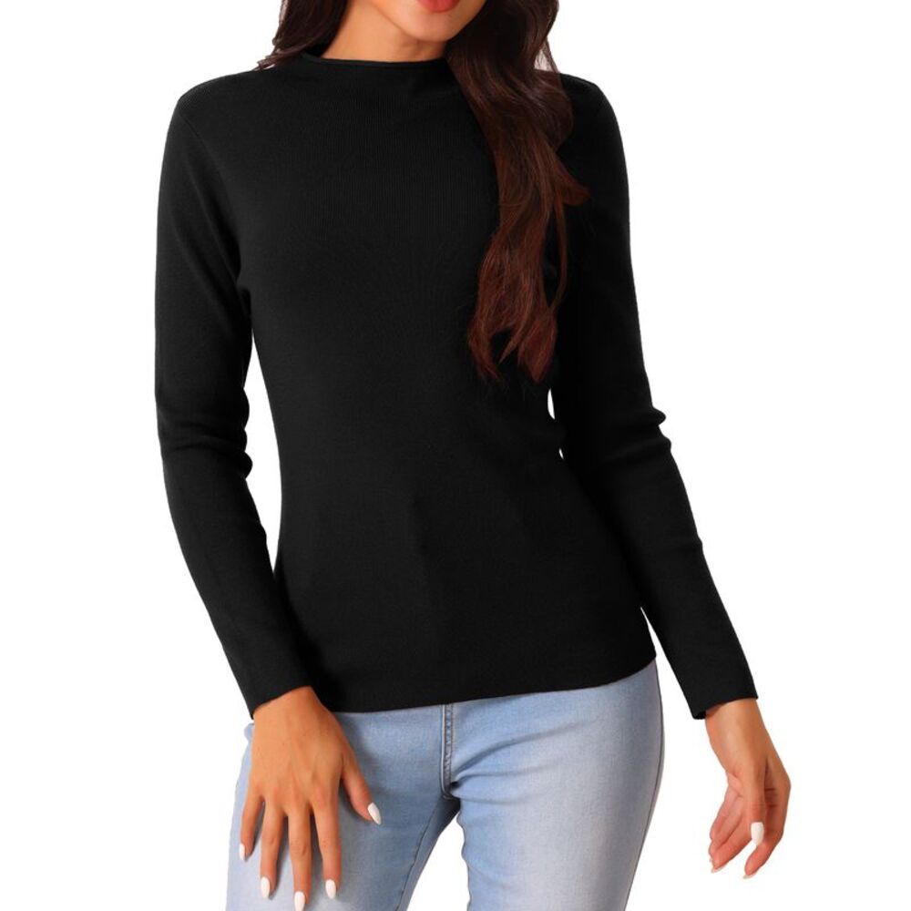 Fall Winter Long Sleeve Ribbed Knit Slim Fit Pullover Sweater Top Black